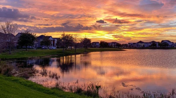 郊外の湖を背景に美しいピンク オレンジ 青の夕日 — ストック写真