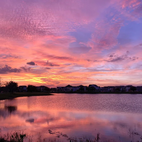 Beautiful Pink Orange Blue Sunset Reflecting Lake Suburban Neighborhood — Stock Photo, Image