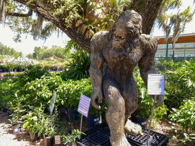 Orlando, FL USA - 19 Mayıs 2020: Orlando, Florida 'da bir bahçe dükkanında kocaayak ahşap heykeli.