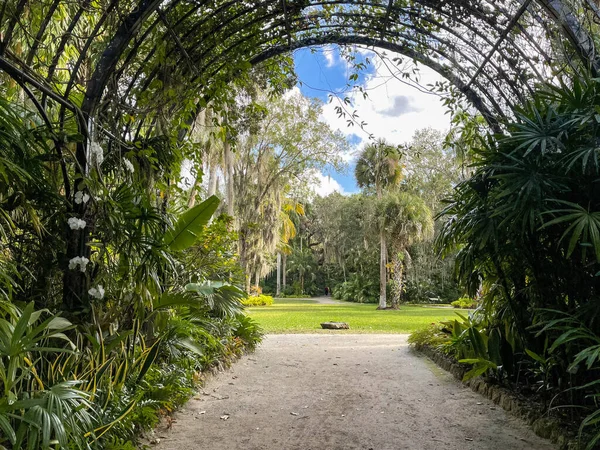 Skalní Stezka Obklopená Obloukovou Mřížkou Která Otevírá Krásné Tropické Botanické — Stock fotografie