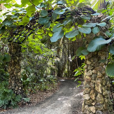 Botanik bahçesindeki bir taş ve metal kafesin içinden geçen bir kaya yolu..