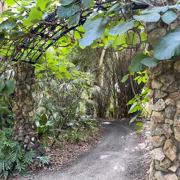 Klippväg Genom Sten Och Metall Spaljé Vid Botanisk Trädgård — Stockfoto