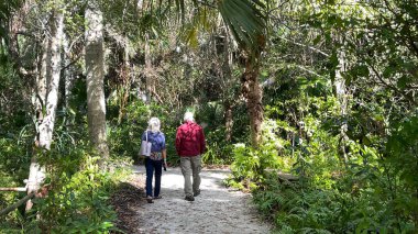 Vero plajı, FL USA - 8 Ocak 2021: Florida Vero Beach 'teki McKee Botanik Bahçeleri' nde tropikal bir kaya yolunda yürüyen yaşlı bir çift.