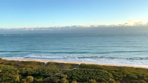 Zooming Aerial View Atlantic Ocean Waves Lapping Beach Fishing Boats — Stock Video