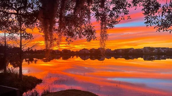 Hermosa Puesta Sol Rosa Naranja Azul Que Refleja Lago Barrio — Foto de Stock