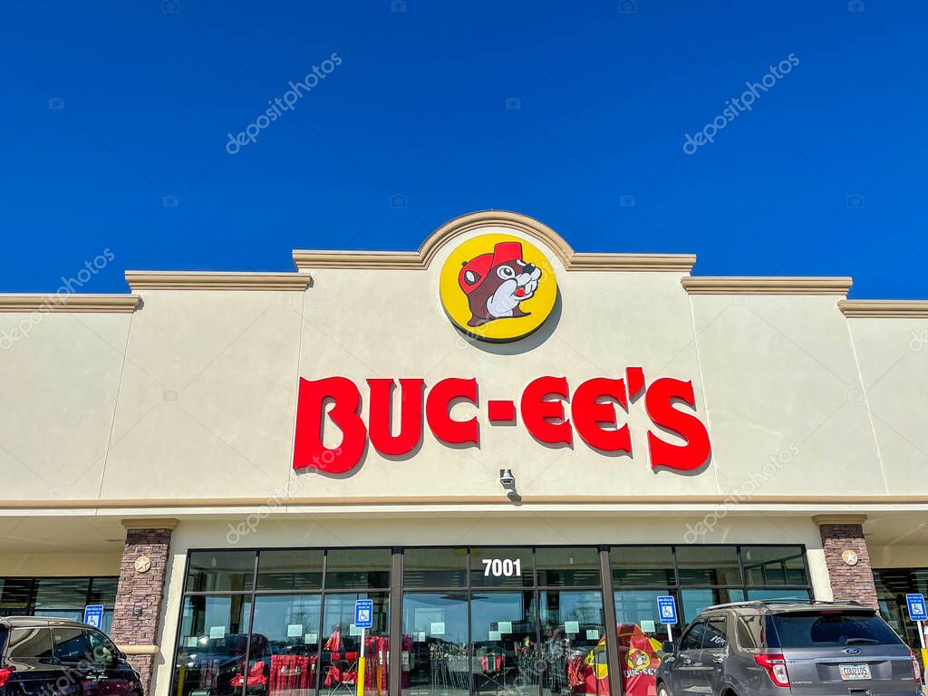 Fort Valley, GA USA-March 29, 2021: The exterior of a Buc ees gas station, fast food restaurant, and convenience store with food, beverages, snacks, knick knacks, and clothing.