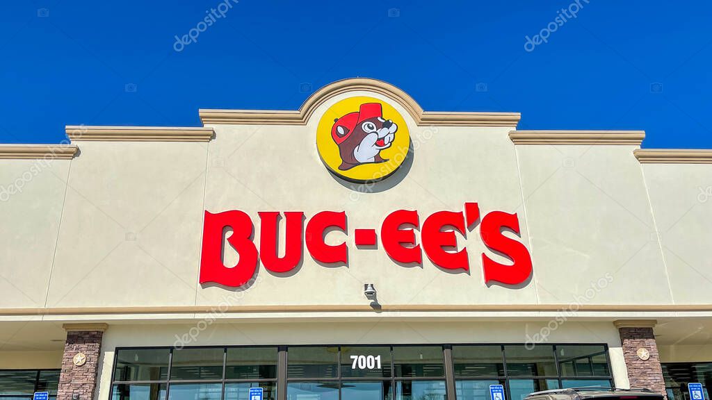 Fort Valley, GA USA-March 29, 2021: The exterior of a Buc ees gas station, fast food restaurant, and convenience store with food, beverages, snacks, knick knacks, and clothing.