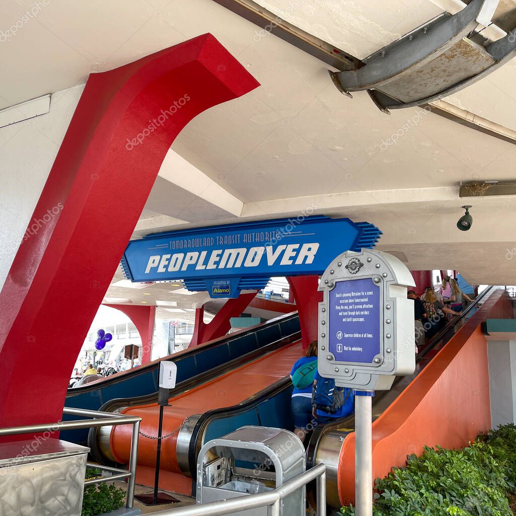 Orlando, FL USA - May 2, 2021 - People waiting in line to ride the Peoplemover at Disney World Magic Kingdom in Orlando, Florida.