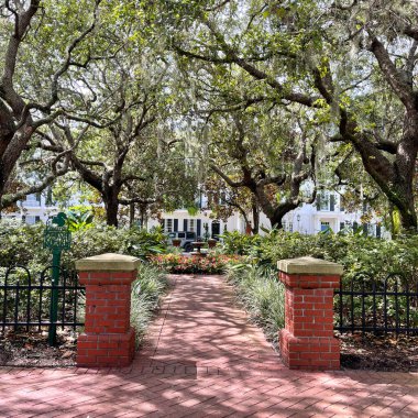 Orlando, Florida 'daki bir çeşmeye giden patikalı küçük bir park..