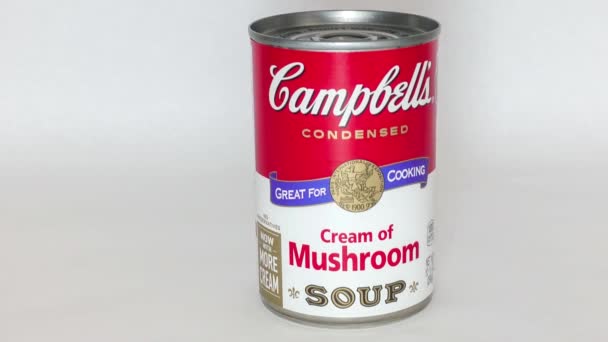 美国佛罗里达州奥兰多 2020年2月3日 在一家Publix食品杂货店里 在一罐蘑菇汤的坎贝尔奶油上留下了潘宁 — 图库视频影像