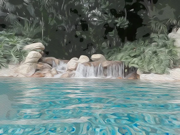 A waterfall with rocks and green landscaping at a water park.