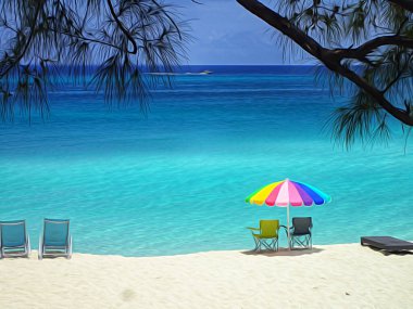 Renkli bir plaj şemsiyesi ve okyanus dalgalarının kıyıda gezdiği sandalyelerin güzel güneşli bir günde Bimini, Bahamalar 'da.