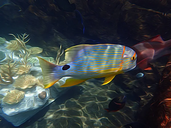 Иллюстрация Красивой Голубой Желтой Полосатой Рыбы Плавающей Голубой Воде — стоковое фото