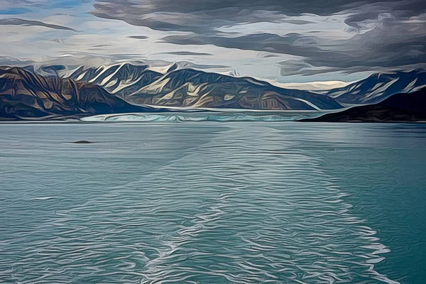 氷河と山の景色を望むハバード氷河から出航するクルーズ船の目覚めのイラスト — ストック写真