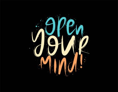 Vektör illüstrasyonunda siyah arkaplan üzerine Zihin Harflerini Aç. Typography posteri, fotoğraf albümü, etiket, fotoğraf kaplamaları, tebrik kartları, tişörtler, çantalar.