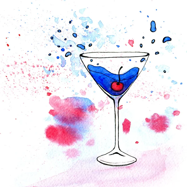 Ilustración de acuarela de cóctel azul en vaso de martini . —  Fotos de Stock