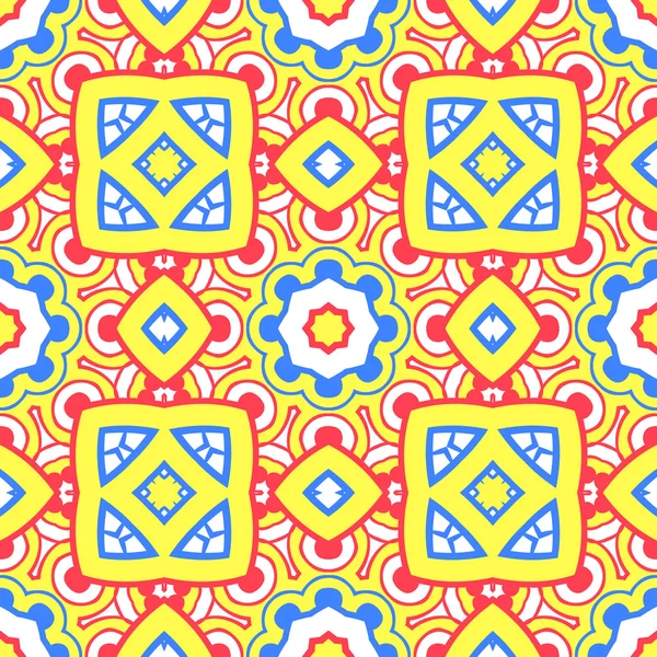 Modèle de kaléidoscope abstrait sans couture vectoriel en rouge, bleu et jaune — Image vectorielle