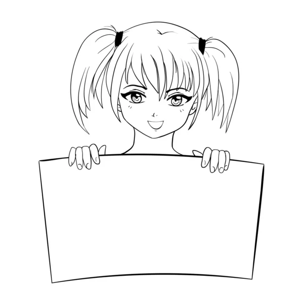 Vector illustration manga sketch girl holding text board — Stock Vector