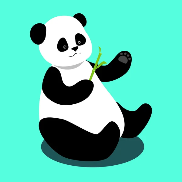 Illustrazione vettoriale di simpatico panda seduto e con in mano un ramo di bambù su sfondo blu — Vettoriale Stock