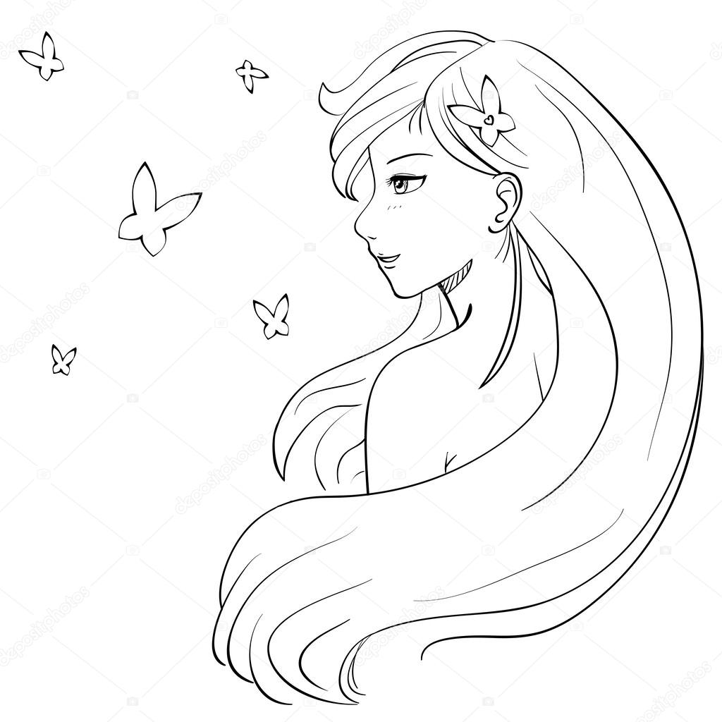 Vector manga sketch of long haired smiling girl and butterflies