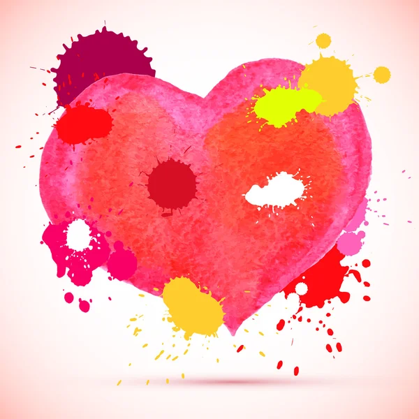 Acquerello vettoriale carino cuore rosa con spruzzi di inchiostro per la carta di San Valentino & design . — Vettoriale Stock