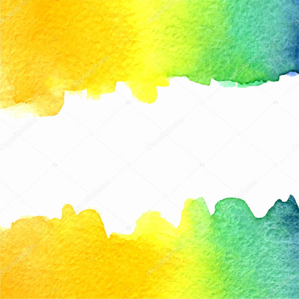 Watercolor orange, yellow, green, azure gradient background with white copy space