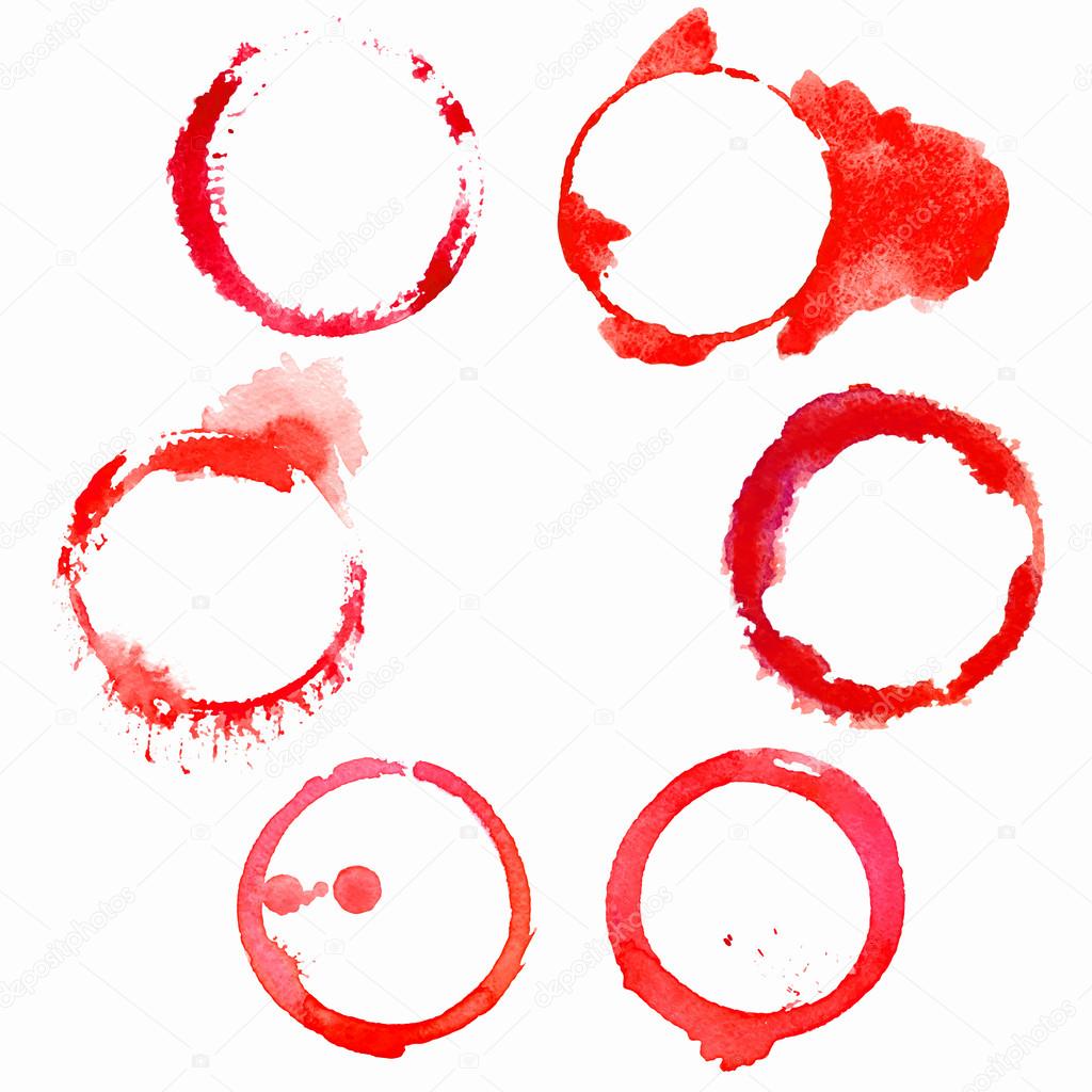 Set of 6 red round grunge watercolor wine stains isolated on white