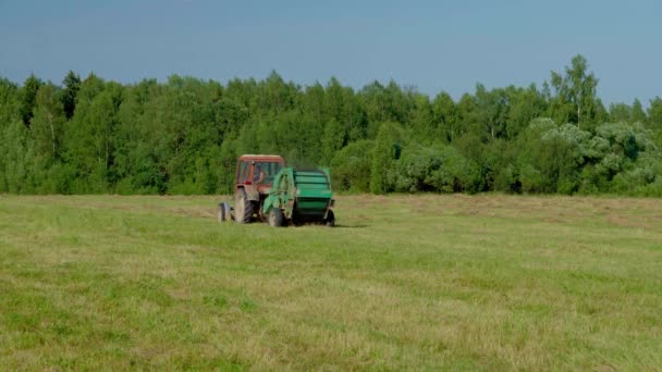 Kerek bálázó kibocsátása kerek friss szénabála a mezőgazdasági betakarítás során a területen — Stock videók