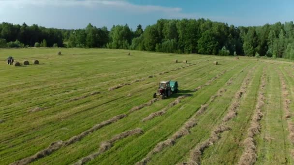 Mezőgazdasági gépek összegyűjti a száraz szalma tekercsben és kerek nagy bálák. — Stock videók