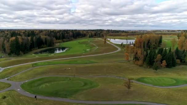 Aerial view of Golf course near the forest. — Stock Video