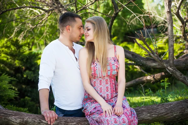 Um casal feliz a sorrir para a câmara do parque. Cabelo perfeito e — Fotografia de Stock