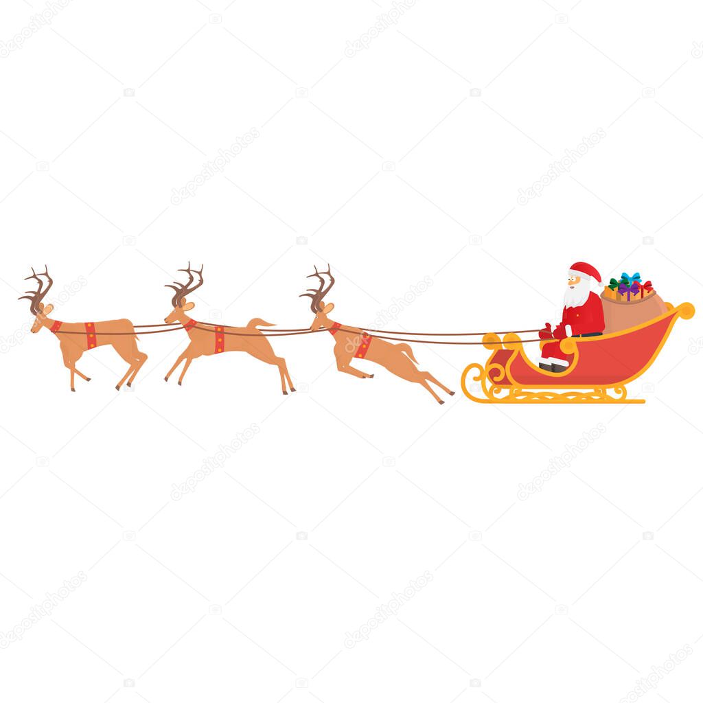 Christmas sleigh with reindeer. Santa Claus with gifts, vector illustration