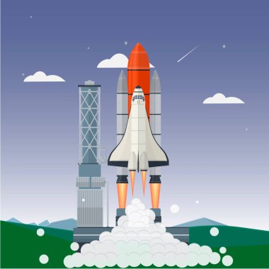 Uzay aracını fırlatın. Uzay limanında mekik, vektör çizimi