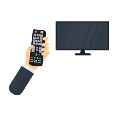 Televizyon uzaktan kumandası elinde. TV 'de kanal değiştir, vektör illüstrasyonu