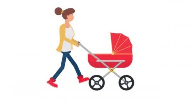 Annelik. Bebek arabasıyla gezen bir annenin canlandırması. Çizgi film