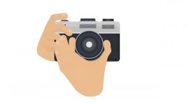 Elde kamera var. Fotoğraf çek, çizgi film. Fotoğraf makinesi.