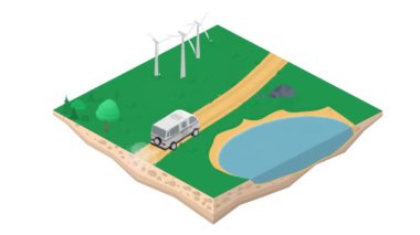 Isome kampı. Bir yolu, bir minibüsü, bir yel değirmeni ve çizgi filmi olan kırsal alan.