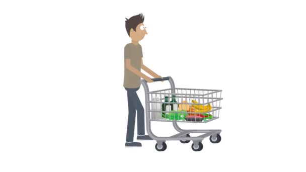 Pria Belanja Belanja Gerobak Dengan Makanan Animasi Kartun — Stok Video