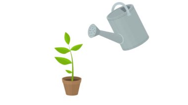 Bahçe sulama kutusu bir çiçeği suluyor. Bahçe ekipmanları animasyonu. Çizgi film