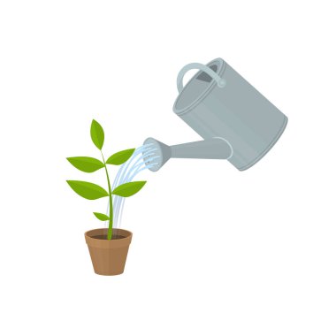 Bahçe sulama kutusu bir çiçeği suluyor. Bahçe araçları, vektör resimleme