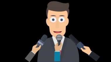 Basın toplantısı. Mikrofonlarla yapılan röportajın animasyonu. Çizgi film