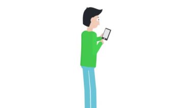 Akıllı telefonlu bir adam. Telefondaki uygulamanın animasyonu. Çizgi film