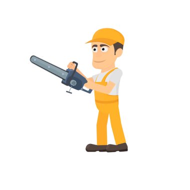 Elektrikli testereli işçi, vektör illüstrasyonu