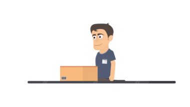 Paketçi. Taşıyıcı karikatürdeki ürün ambalajının canlandırması