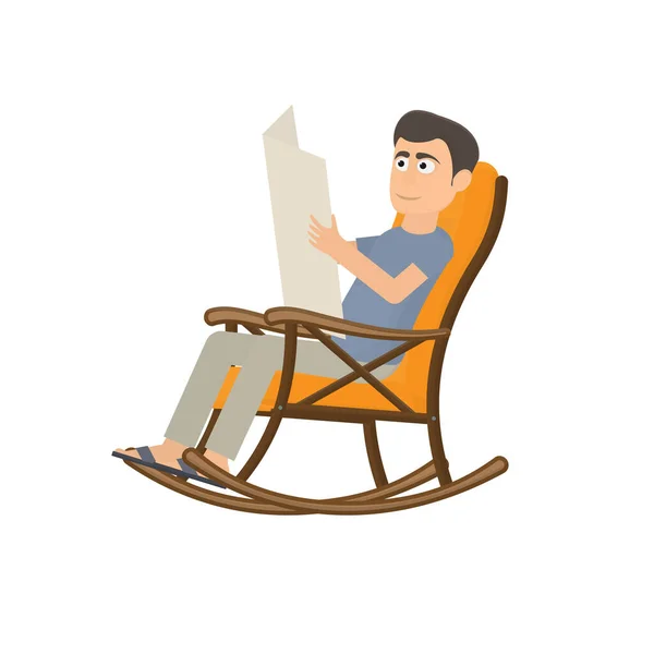 Adam Sallanan Sandalyede Oturuyor Gazete Okumak Vektör Illüstrasyonu — Stok Vektör