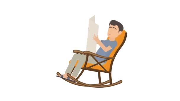 Animación Hombre Sentado Una Mecedora Leyendo Periódico Caricatura — Vídeos de Stock