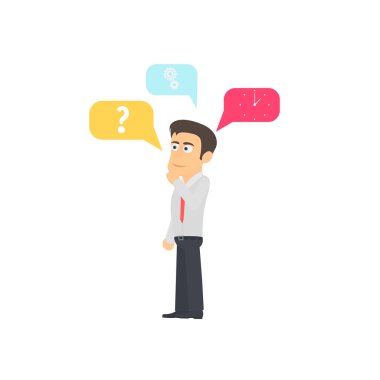 Düşünceli adam. Fikirler, vektör illüstrasyonlu açılır pencere