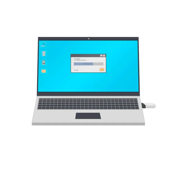 USB belleği laptopa bağlıyorum. Dosyalar kopyalanıyor, vektör illüstrasyonu