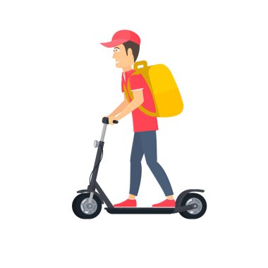 Teslimatçı. Kurye, elektrikli scooter 'da ürün kutusuyla, vektör illüstrasyonuyla yemek yer.