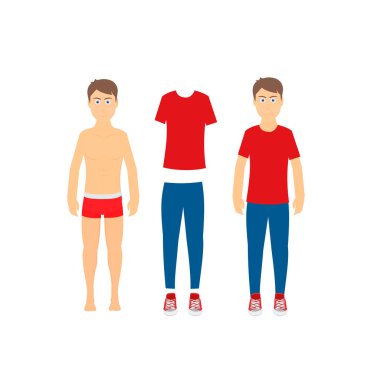 İç çamaşırlı adam. Adam giyiniyor, vektör çizimi.